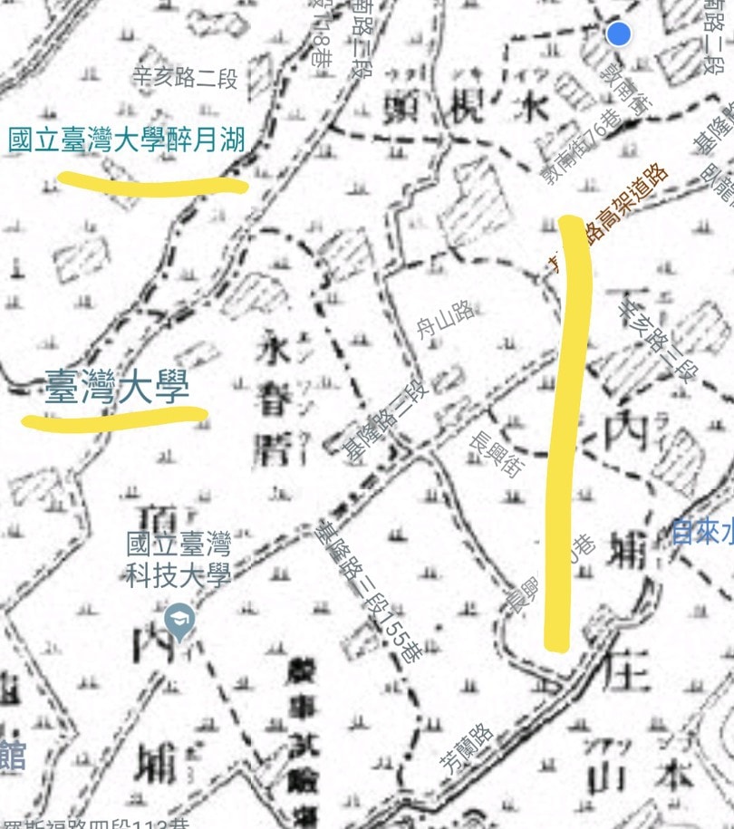 20世紀初期(1900年前後)的地圖,紀錄清末到日本時代初期的樣貌,藍點為土地公處所在,可見今天臺灣大學與臺灣科技大學的範圍頂內埔、下內埔的古名。引用自臺灣百年歷史地圖堡圖圖層。